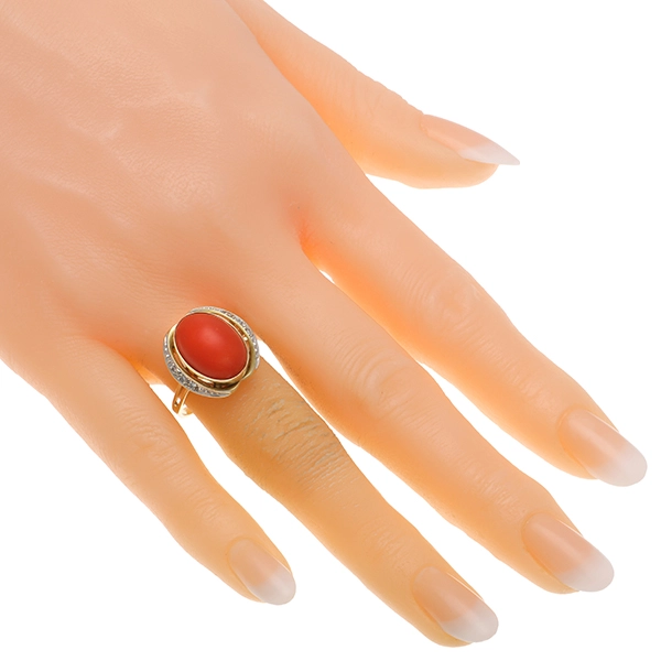 Ring, 14K, Gelb-/Weißgold, Koralle, Diamanten