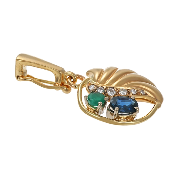 Anhänger, 14K, Gelbgold, 1 Saphir, 1 Smaragd, 6 Brillanten
