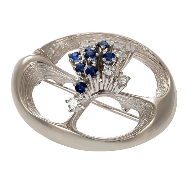 Brosche 14K, Weißgold, Saphir, Brillant