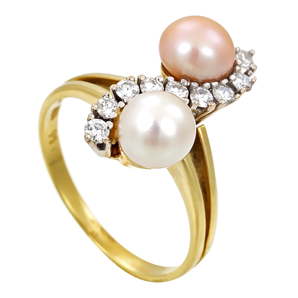 Ring, 14K, Gelbgold, Perlen, Diamant, Brillanten