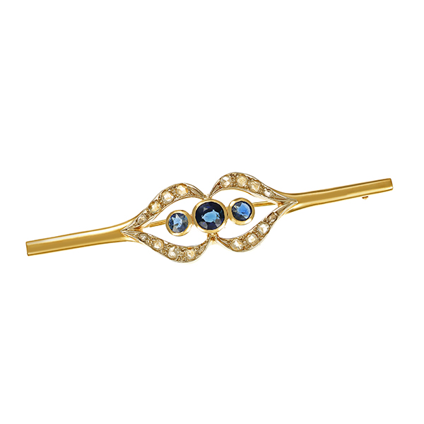 Brosche, 14K, Gelb-/Weißgold, Saphire, Diamantrosen