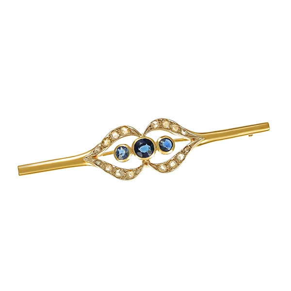 Brosche, 14K, Gelb-/Weißgold, Saphire, Diamantrosen