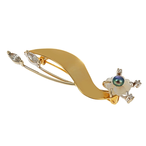 Brosche, 14K, Gelb-/Weißgold, Zirkonia, Perlmutt