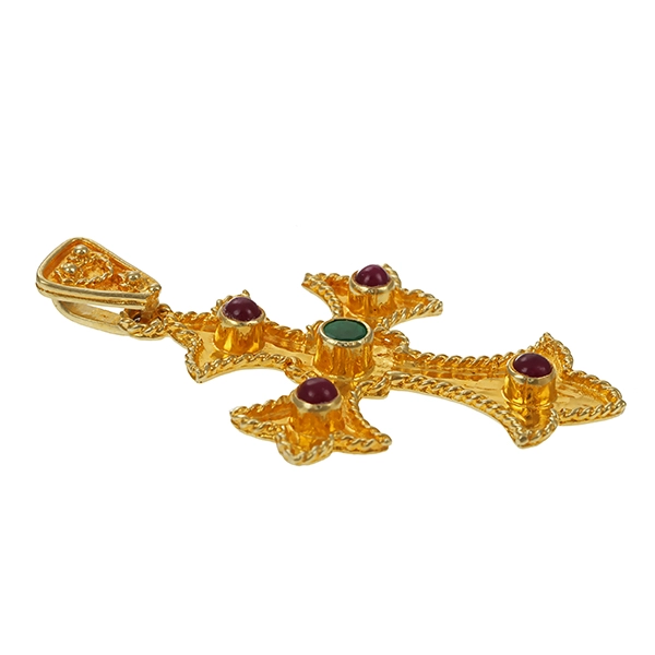 Anhänger, 14K, Gelbgold, Rubine, Smaragd, Kreuz