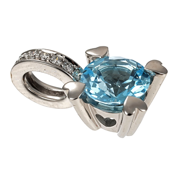 Anhänger, 14K, Weißgold, Topas blau, Diamant