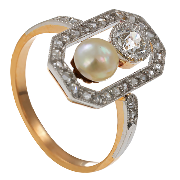 Diamantring, 14K, Gelb-/Weißgold, Diamantrosen, Diamant, Perle