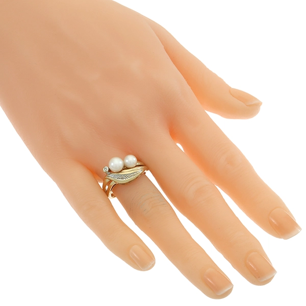 Ring, 14K, Gelb-/Weißgold, Perlen, Diamanten