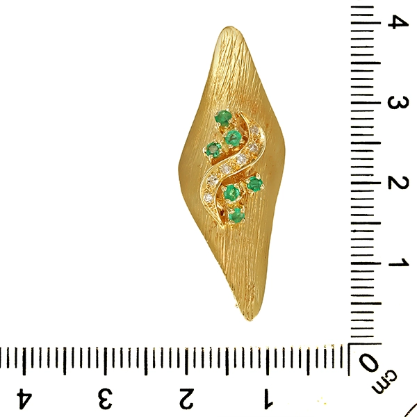 Brosche, 14K, Gelbgold, Smaragd, Diamant