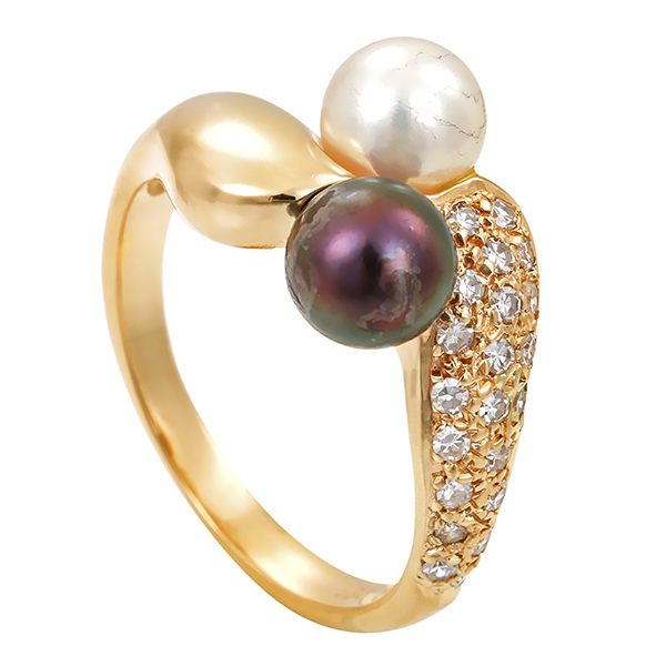 Ring, 14K, Gelbgold, Perlen, Diamanten 0,21 ct