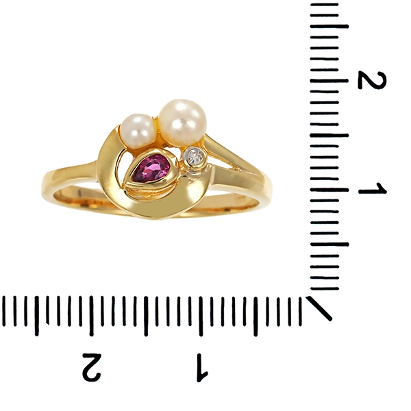 Ring, 8K, Gelbgold, Rubin, Perlen, Diamant