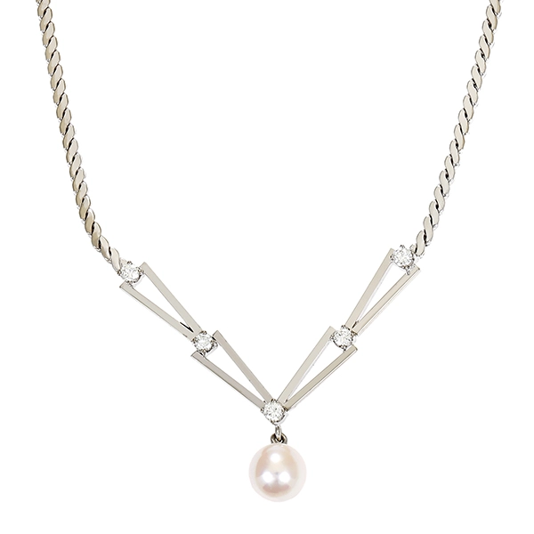 Collier, 14K, Weißgold, Perle, Brillanten
