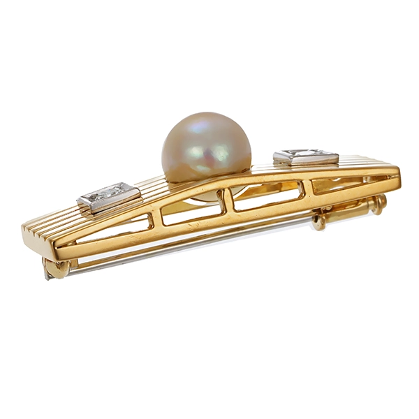 Brosche, 18K, Gelb-/Weißgold, Perle, Brillanten