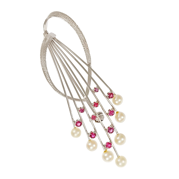 Brosche, 14K, Weißgold, Perle, Rubin