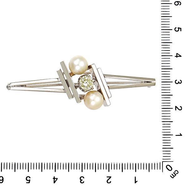 Brosche, 14K, Weißgold, Zuchtperlen, Diamant