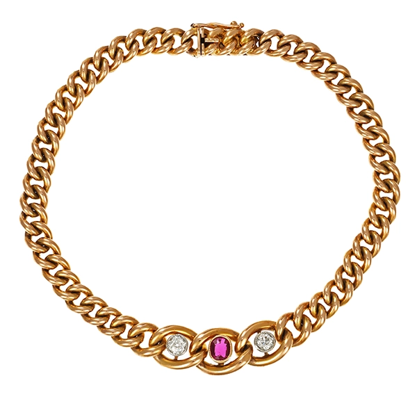 Armband, 14K, Gelbgold, Diamant, Rubin, Antikstil