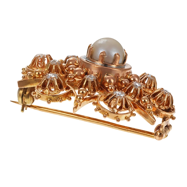 Brosche, 14K, Rotgold, Perle, Diamantrosen