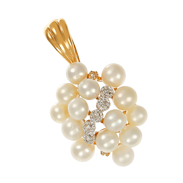 Anhänger, 14K, Gelb-/Weißgold, Perlen, Diamanten