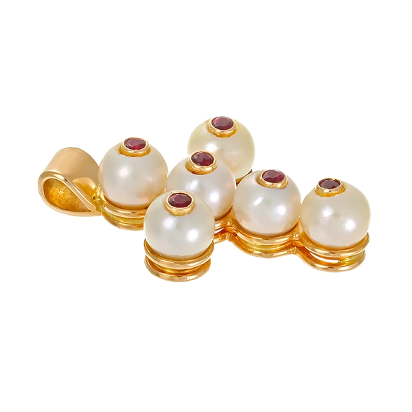 Anhänger, Kreuz, 18K, Gelbgold, Perle, Rubin
