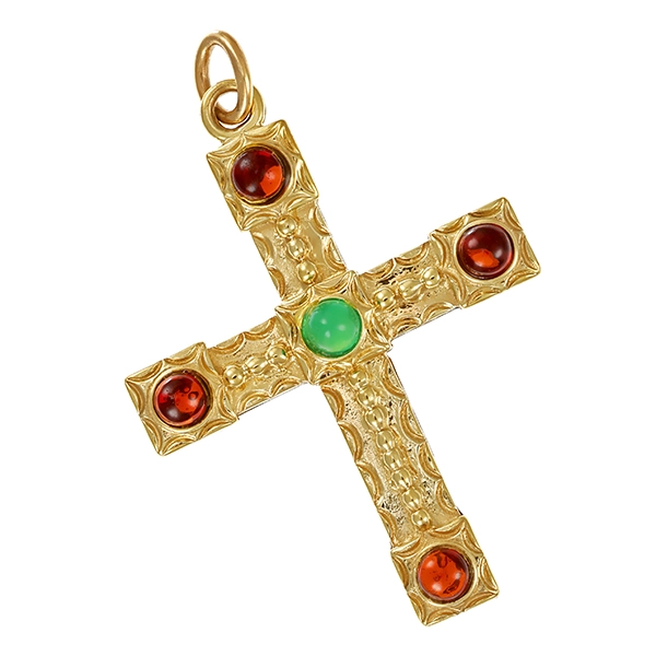 Anhänger, 8K, Gelbgold, Granat, Achat, Kreuz