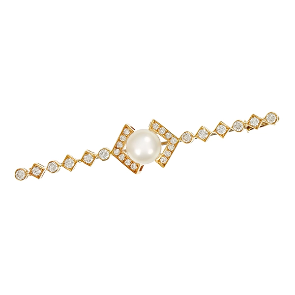 Brosche, 18K, Gelbgold, Perle, Brillanten