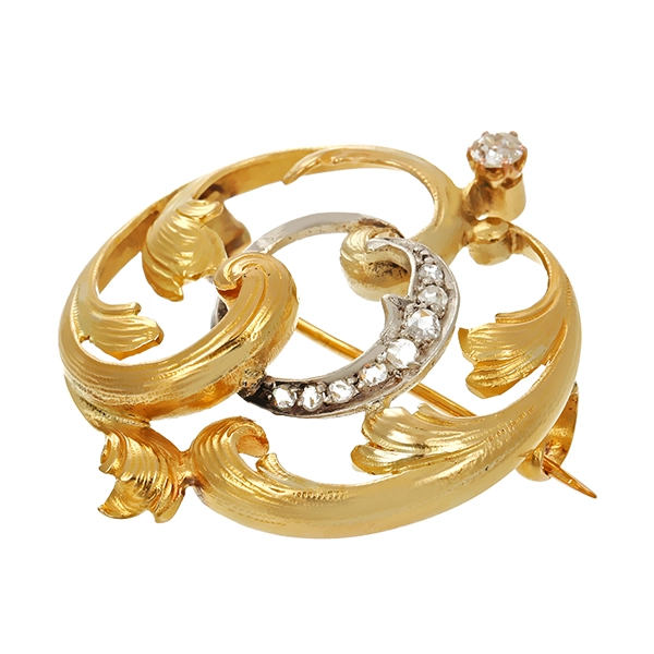 Brosche, 18K, Gelb-/Weißgold, Diamant, Diamantrosen, Antik,