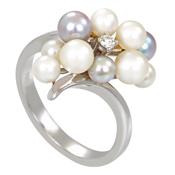 Ring, 18K, Weißgold, Perlen, Brillant