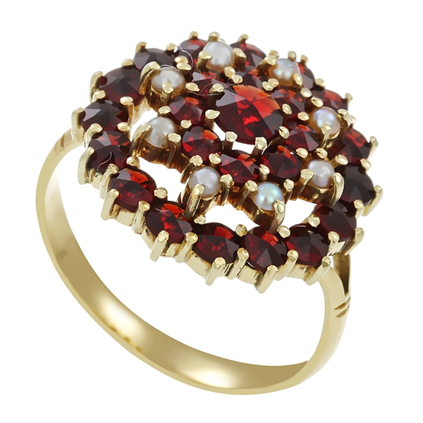 Ring, 14K, Gelbgold, Perle, Granat