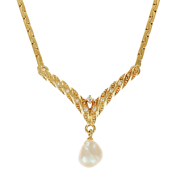 Collier, 14K, Gelbgold, Perle, Diamanten