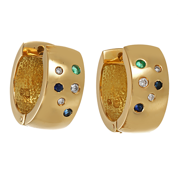 Creolen, 18K, Gelbgold, Brillanten, Smaragde, Saphire 