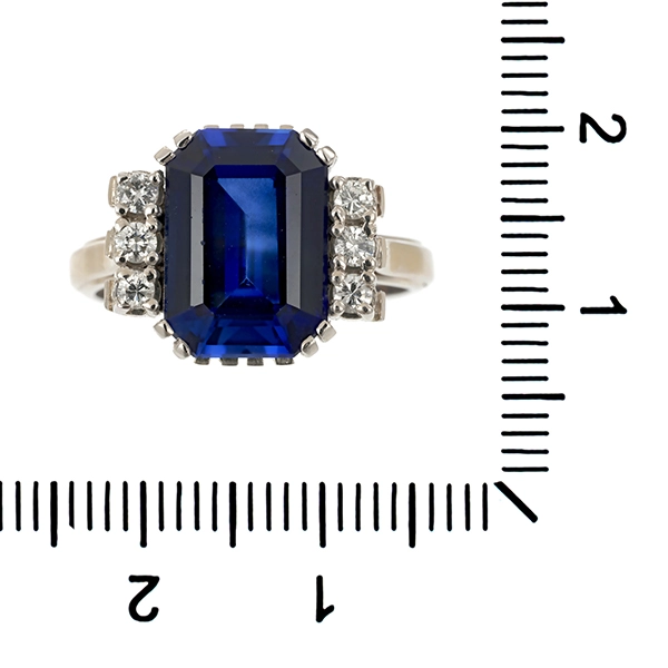 Ring, 14K, Weißgold, synthetischer Saphir, Brillanten