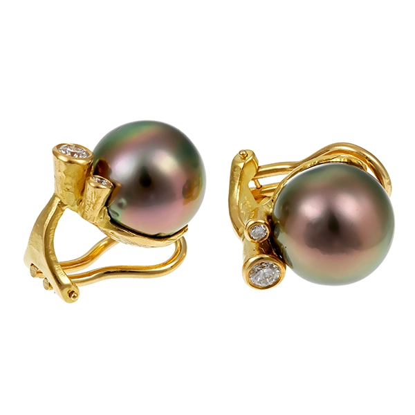 Ohr-Clips, 18K, Gelbgold, Perle, Brillanten