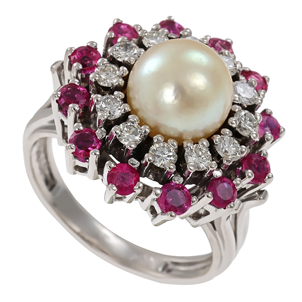 Ring, 14K, Weißgold, Perle, Rubine, Brillanten