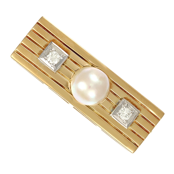 Brosche, 18K, Gelb-/Weißgold, Perle, Brillanten