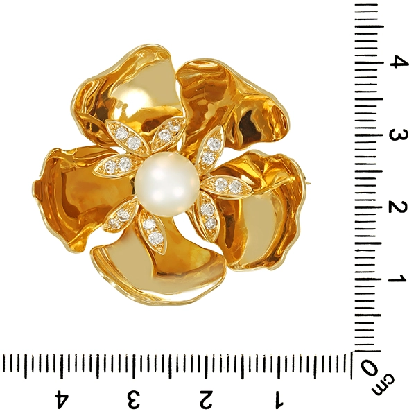 Brosche, 14K, Gelbgold, Zuchtperle, Brillanten