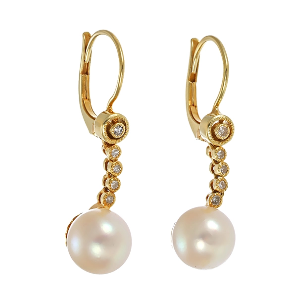 Ohrhänger, 14K, Gelbgold, Perle, Diamanten