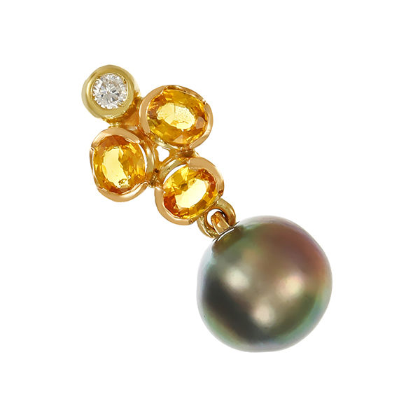 Anhänger, 14K, Gelbgold, Tahitiperle, Brillant, Saphire