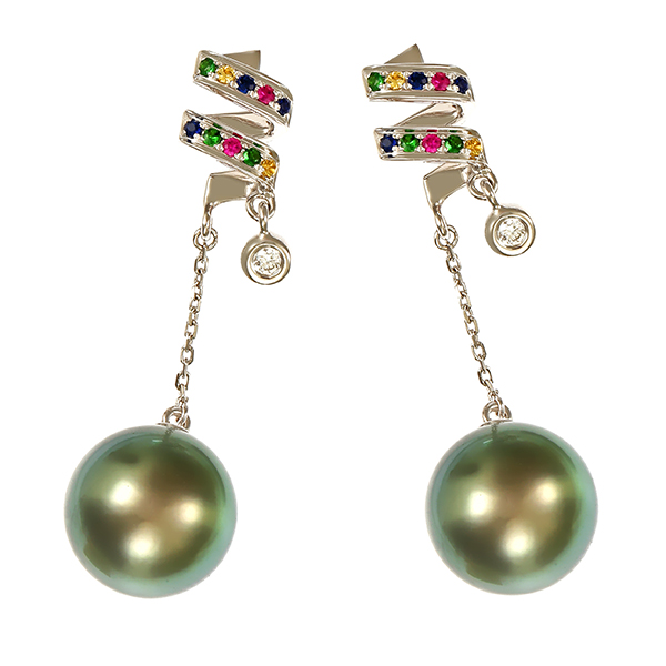 Steckhänger, 18K, Weißgold, Perlen, Brillanten, Edelsteine