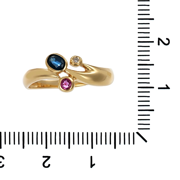 Ring, 14K, Gelbgold, Saphir, Rubin, Diamant