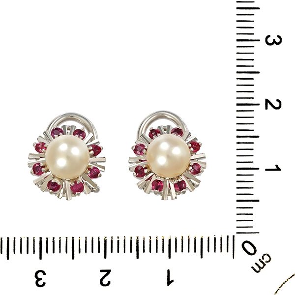 Ohrclips, 14K, Weißgold, 2 Zuchtperlen, 8 Rubine