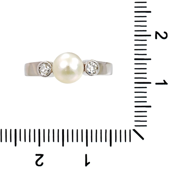 Ring, 18K, Weißgold, Perle, Diamanten 0,12 ct