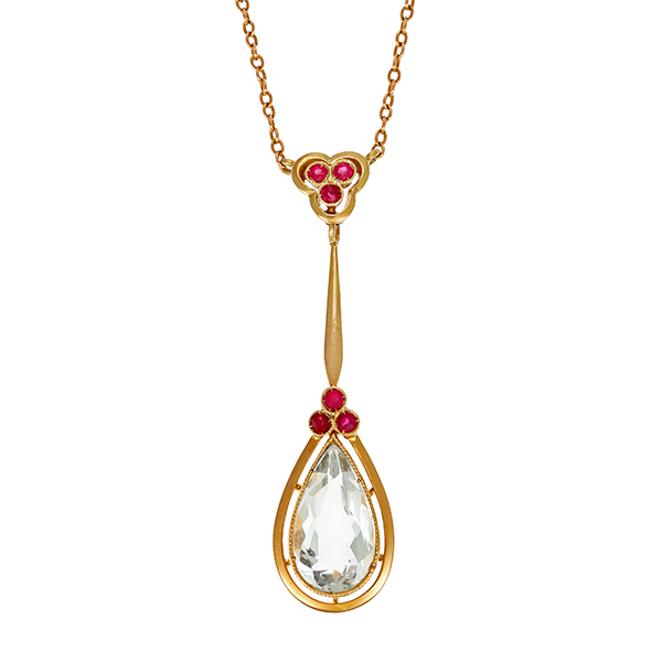 Collier, 14K, Gelbgold, Aquamarin, synth. Rubin