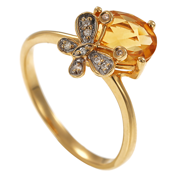 Ring, 14K, Gelbgold, Citrin, Diamant, Schmetterling
