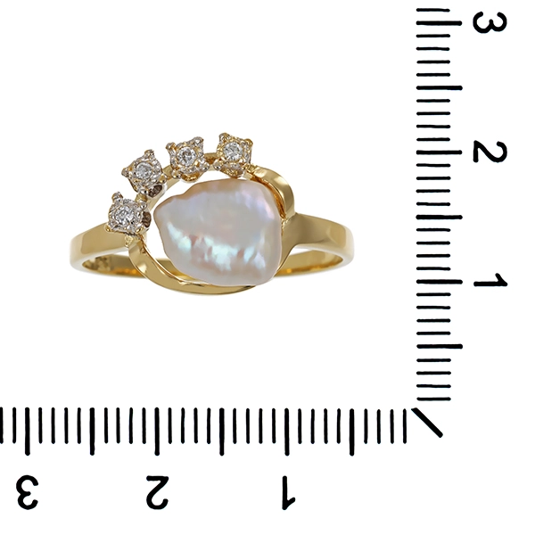 Ring, 14K, Gelbgold, 1 Zuchtperle, 4 Brillanten