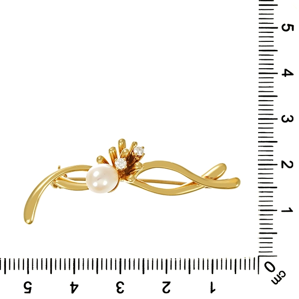 Brosche, 14K, Gelbgold, Brillanten, Perle