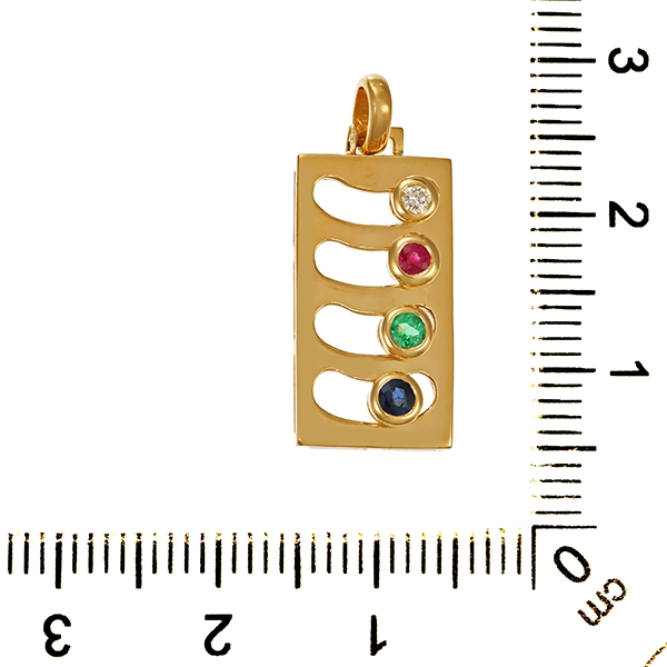 Anhänger, 18K, Gelbgold, Rubin, Smaragd, Saphir