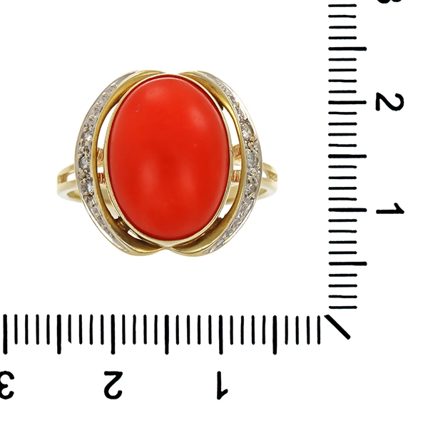 Ring, 14K, Gelb-/Weißgold, Koralle, Diamanten