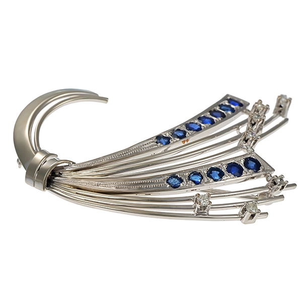 Brosche, 14K, Weißgold, Saphire, Brillanten