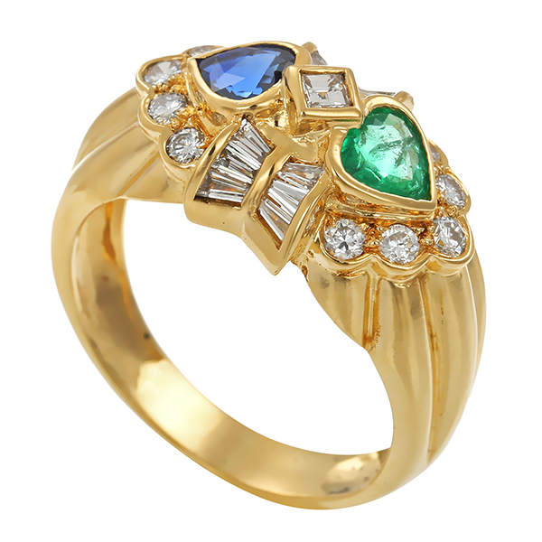 Ring, 18K, Gelbgold, Saphir, Smaragd, Brillant