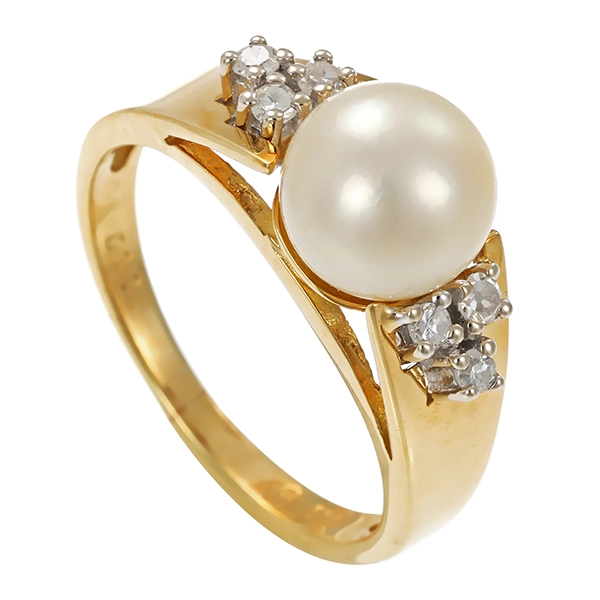 Ring, 14K, Gelbgold, Perle, Diamanten