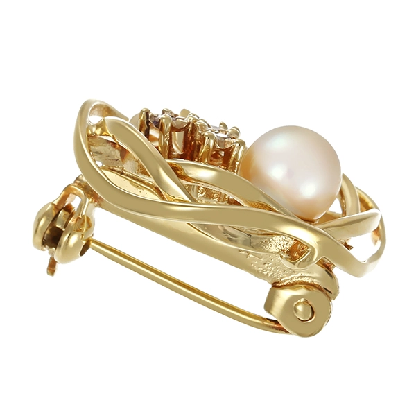 Brosche, 14K, Gelbgold, Diamant, Perle